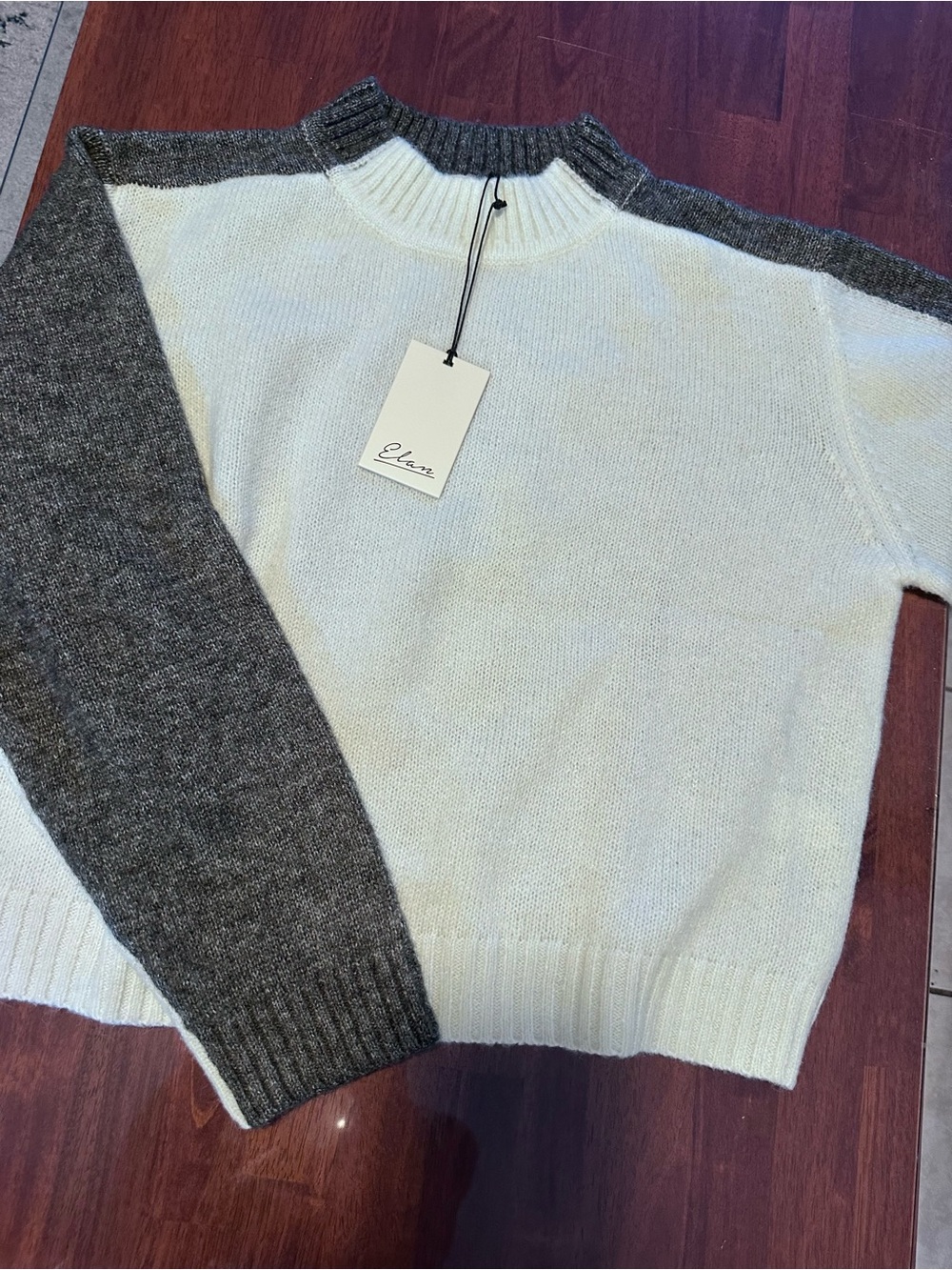 Elan Two-Tone Crewneck Sweater in Cream and Charcoal Rib